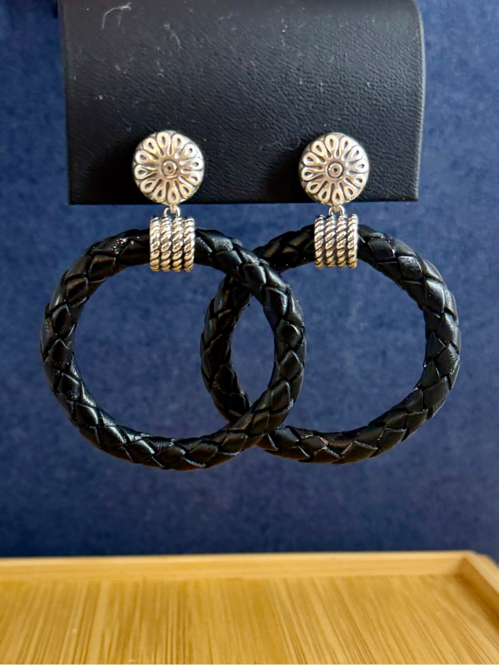 NWT CAROLYN POLLACK Sterling Silver Black Leather Braid Toggle Necklace Earrings